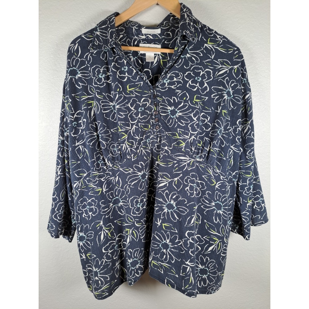 CJ Banks Navy Blue Floral Crinkle Blouse 2X Stretch Cotton 3/4 Sleeve Top